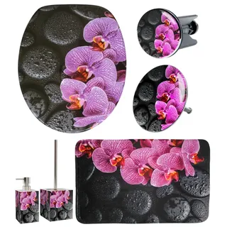 Badaccessoire-Set SANILO "Madeira", lila, schwarz, Massivholz, Polyester, Polyresin (Kunststein), Badaccessoires-Sets, Badaccessoire-Set, bestehend aus WC-Sitz, Badteppich, Stöpsel, Seifenspender, WC-Bürste