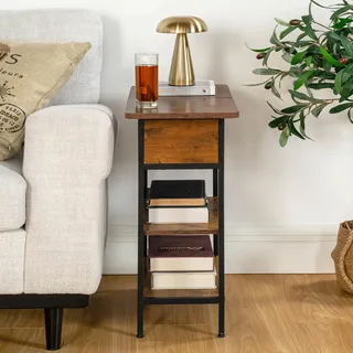 FurnitureR Nachttisch, Industrial, Vintage, Aufbewahrungsbox und Tablett, faltbar, Nachttisch mit Ladestation, 2 Steckdosen & 2 USB, großes offenes Regal mit 2 Ebenen, 60 x 30 x 60 cm