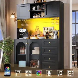 Moderner Buffetschrank 120x40x188cm im Landhausstil mit LED Lichtleiste und Getränkehaltern Küchenschrank mit 4 Türen Schwarz - Schwarz