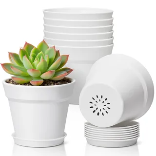 T4U Blumentopf Klein mit Untersetzer 10cm 8er Set, Plastik zum Bemalen Weiß | Blumentöpfe Klein Kinder-Basteln, kreative Pflanzprojekte, Mini-Sukkulenten, Kräuter, Fensterbank, Anzucht, Abflusslöcher
