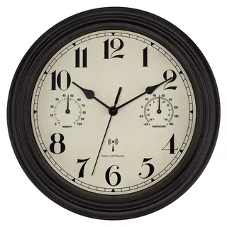 Foxtop Funk Wanduhr, Innen Draussen Wetterfeste Wanduhr mit Temperaturanzeige und Hygrometer, Ohne Tickgeräusche Lautlos Retro Uhr für Terrasse Badezimmer küche Wohnzimmer Heim Dekor(Bronze,30cm)