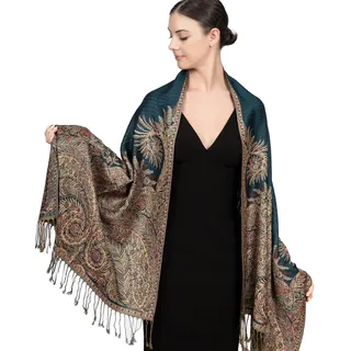 Achillea Pashmina-Schal mit Fransen, weich, seidig, wendbar, Paisleymuster, Big Paisley Teal