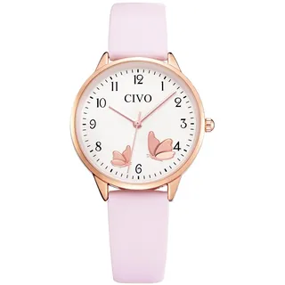CIVO Damenuhr-Lederarmband Rosa Armbanduhr-Damen Analog-Quarz Elegant - Uhren Damen mit Zahlen Kleid Wasserdicht Mode Geschenke für Frauen