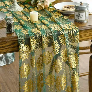 Artoid Mode Gaze Tüll Grün Gold Dahlien Weihnachten Tischläufer 70x300 cm, Winter Küche Tisch Dekoration Drinnen Urlaub Party Dekor