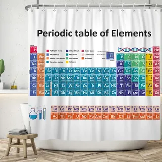ASDCXZ Periodensystem Duschvorhang 180x180 cm, Bad Waschbar Duschvorhänge, Modern Einfachheit Bunt Periodensystem Weiß Polyester Textil Wasserdicht Badevorhang für Badewanne mit 12 Haken