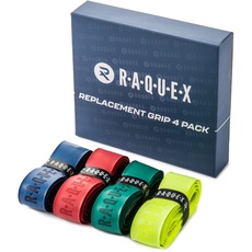 Raquex Ersatz-PU-Griffband 4er-Pack: Tennis, Squash, Badminton. Selbstklebendes Griffband für Schläger. Wiederverwertbare Geschenkverpackung aus Pappe (Blau, rot, grün, gelb)