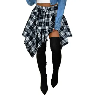 Damen Plaid Röcke Hohe Taille Knoten Vorne Asymmetrischer Saum Mini Skater Rock, schwarz/weiß, Mittel