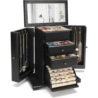 Emfogoo Schmuckkästchen, Schmuckaufbewahrung, Rustikales Holz Groß Schmuckkasten Organizers mit Spiegel, 4 Ebenen Schmuckbox für Ringe, Ohrringe, Halsketten, Armbänder (Schwarz)