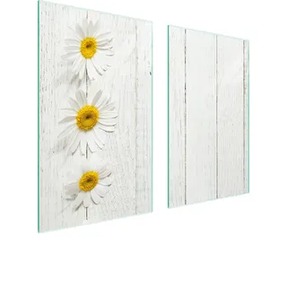 Herdabdeckplatten 2 teilig 75x52 Glaskeramikkochfeld Abdeckung Glas Schneidebrett Gänseblümchen Holz