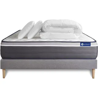 Komplettpaket Bett - Matratze 180x200 cm + Boxspringbett mit Lattenrost (im Set) + 2 Kopfkissen + Bettdecke - Actiflex Plus - Grau