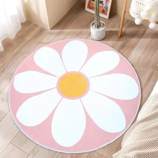 AIMECO Kleiner Kinderteppich Rund 80CM Gänseblümchen- Weicher Kuscheliger Teppich für Kinderzimmer Mädchen Schlafzimmer, Dünn & Pflegeleicht