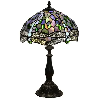 FUMAT Tiffany Tischlampeaus Buntglas mit blauer Libelle, Retro Deko Lampe Tischleuchte Nachttischlampe, Bunte Glas Lampenschirm