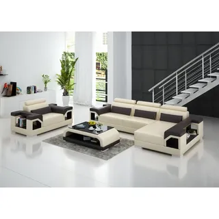 Ledersofa Wohnlandschaft Ecksofa + Sessel Eck Garnitur Design Modern Sofa G8010F - Weiß