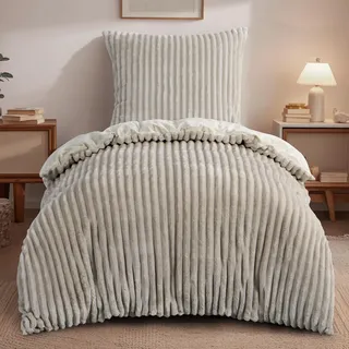 RUIKASI Winter Flanell Bettwäsche 155 x 220 Beige 2teilig - Plüsch Warme Flauschig Winterbettwäsche Cord Teddy Fleece Cashmere-Touch Bettbezug mit Reißverschluss und Kissenbezug 80x80cm