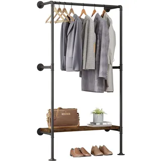 WOLTU Kleiderstange industrial schwarz, Kleiderständer für Wandmontage | Garderobenständer mit Ablage,für Schlafzimmer,Kleiderstangensystem aus Metallrohren MDF