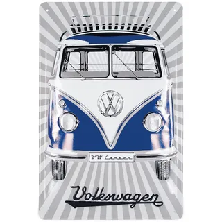 BRISA VW Collection - Volkswagen Retro-Blech-Schild-Vintage-Dekoration Geschenk-Idee aus Metall im T1 Bus Design (Front/Blau)