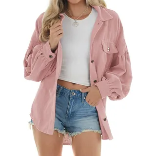 NLAVW Damen-Cordhemd mit Knopfleiste Damen-Oversized-Langarmjacke Bluse Oberteile Cordhemd Cordjacke,Rosa,XXL