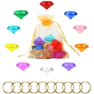PEUTIER Chaos-Smaragde und Ringe-Set, Inklusive 10 Stück Acryl Edelsteine mit 10 Stück Gold-Power-Ringen Piraten-Schatzsuche Juwelen für Kinder Geburtstag Partygeschenk Zubehör Kuchen Dekoration