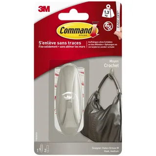 Command Designer-Haken, selbstklebend, gebürstetes Nickel - 1 Haken und 2 mittelgroße Klebestreifen - ideal zum Aufhängen von Taschen und Kleidung – für Wand oder Tür, ohne Bohren, hält bis zu 1,3 kg