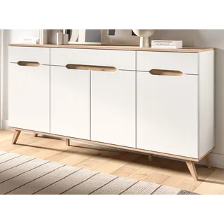 Sideboard "Hygge" weiß und Eiche Kommode skandinavisch 185 x 95 cm, Soft-Close - Weiß, Naturbelassen