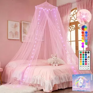 Rosa Betthimmel mit 50LED 24 Farben Stern Lichter für Schlafzimmer Decor