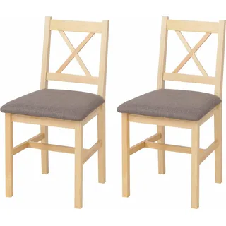 2er-Set Esszimmerstuhl HWC-F77, Lehnstuhl Küchenstuhl Stuhl, Massiv-Holz Stoff Landhaus natur, Polster grau - Braun