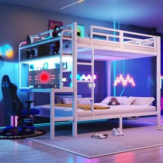 STILVORA Etagenbett 140 x 200 cm mit zwei Matratze, mit Ablagefach, Schreibtisch, LED-Lichtleiste, USB-Anschluss, Sicherheitsgeländer, Weiß - Weiß