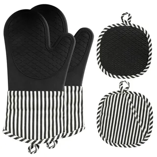 AiQInu Ofenhandschuhe Topflappen Set, Ofenhandschuhe Silikon Bis 230°C, Zwei Handschuhe und Zwei Topflappen, Topfhandschuhe Hitzebeständig für Kochen Backen