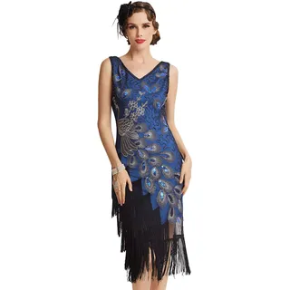 BABEYOND Vintage Retro Damen, Blau mit schwarzen Fransen, L, Blau mit schwarzen Fransen, Large