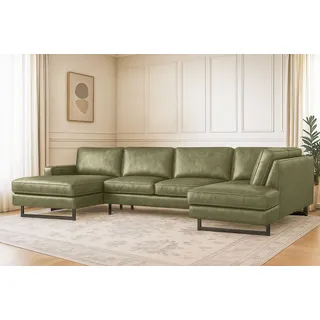 Home Affaire Wohnlandschaft »Pinto, 350 cm, U-Form, XXL, mit Ottomanen« Cord, Chenille, Lederoptik, mit Keder, Metallfüße, Wellenunterfederung, grün