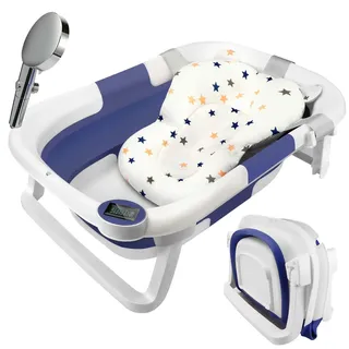 Mkitnvy Groß Faltbare Baby Badewanne zusammenklappbare Babywanne Faltbare Neugeborenen für Neugeborene bis Kleinkinder mit rutschfester Matte und Abflussloch für Babys 0-6 Jahre Grau, Blau