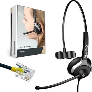 GEQUDIO Headset für Mitel, Aastra, Poly Gigaset-RJ Telefon - inklusive RJ Kabel - Kopfhörer & Mikrofon mit Ersatz Polster - 60g leicht (1-Ohr)