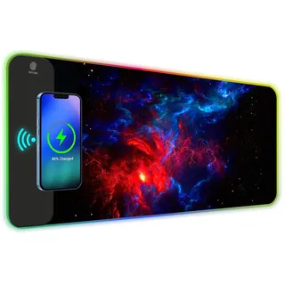 ToLuLu RGB-Gaming-Mauspad, kabellos, 7,5/10/15 W, 10 Lichtmodi, LED-Mauspad, Computertastaturmatte, Mauspad, 800 x 300 x 4 mm, erweiterte große Schreibtischunterlage für Gamer, rot/blaue Galaxie