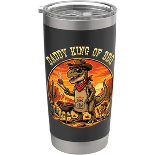 Lustiger T-Rex-Dinosaurier für Herren, Aufschrift "Daddy King Of BBQ", Vatertag Doppelwandiger Edelstahl-Thermobecher