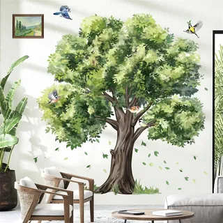 decalmile Wandsticker XXL Groß Grüne Baum Wandtattoo Pflanze Blätter Vögel Wandaufkleber Wohnzimmer Schlafzimmer Sofa TV Hintergrund Wanddeko