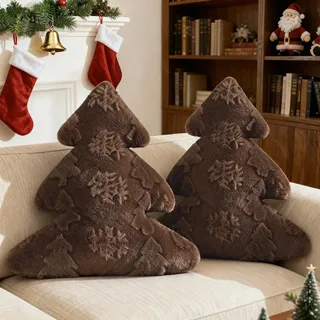 Lanpn 2 Stück Weihnachtsbaum Kissen Weihnachtskissen, Schneeflocke und Baum Weihnachts Kissen Dekokissen Flauschiges Zierkissen für Party Bett Sofa Couch Weihnachtsdeko (Braun, 40,5x45,5cm)
