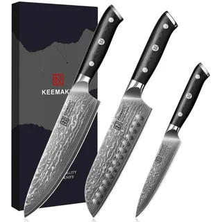 KEEMAKE Damastmesser Set 3-teilig Profi Küchenmesser Japanisches VG10 Stahl Kochmesser Santoku Scharfes Allzweckmesser mit G10 Griff Hochwertige Geschenkbox für Küche Outdoor, Vatertagsgeschenk