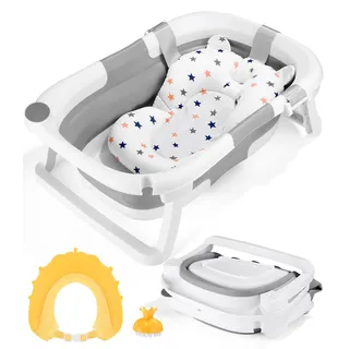 Baby Badewanne Faltbare Babybadewanne Babywanne,Kommt mit Wannenkissen, Duschkappe, Duschbürste, graue tragbare faltbare Badewanne, geeignet für Neugeborene und Kleinkinder