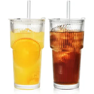 ALINK 2 Stück 600ml Gerippte Glasbecher mit Deckel und Strohhalm, Eiskaffee Gläser, Longdrinkglas Set, Smoothie Becher, luftdichtes und wasserdichtes Design, ideal als Kaffee