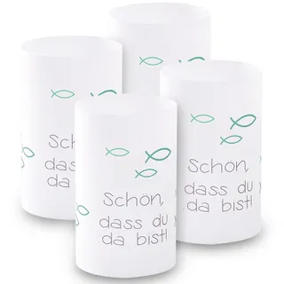 Windlicht Fisch Deko, 8 Stück Mini Tischlichter Kerzen Deko als Tischdeko für Junge und Mädchen Kommunion Konfirmation Taufe Teelichter I Schön DASS du da bist I ca. 6,0 x 10,0 cm (Türkis)