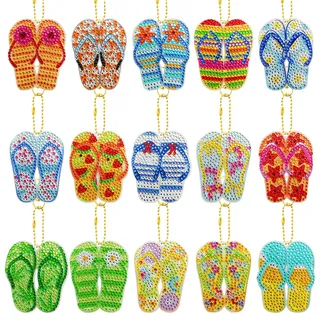 15 Stück 5D Diamond Painting Anhänger,DIY Diamant Malerei Schlüsselanhänger Kits für Kinder Erwachsene,Sommer Strand Flip-Flops Muster Schlüsselbund Strass Malerei Stickerei Kunst Ornamente Dekoration