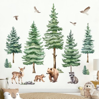 decalmile Wandtattoo Baum Große Kiefer Wandaufkleber Waldtiere Bär Wandsticker Kinderzimmer Babyzimmer Spielzimmer Wanddeko(H:90cm/ 35.4 Inches)