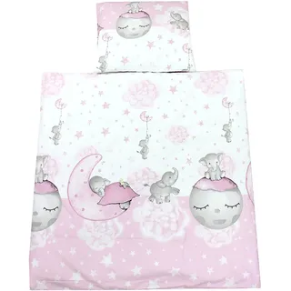 TupTam Unisex Baby Wiegenset 4-teilig Bettwäsche-Set: Bettdecke mit Bezug und Kopfkissen mit Bezug, Farbe: Mond mit Elefant/Rosa, Größe: 80x80 cm