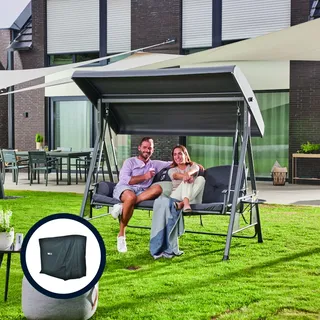 HOME DELUXE - Hollywoodschaukel DESCANSO Grau mit Abdeckung - 3-Sitzer, B/H/L 115cm x 195cm x 198cm, inkl. Getränkehalter, Sitz- und Rückenkissen I Gartenliege Gartenlounge Schaukelliege - Grau