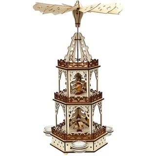 Holz Teelichtpyramide in Natur/braun mit 3 Etagen, für 3 Teelichte, L/B/H: 19 x 16,5 x 42 cm, Motiv: Laternenkinder.