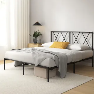 Zinus Elias Bettgestell 140x200 cm mit Moderne Kopfteil - Metallbett 140x200 mit Metall-Lattenrost - 30 cm Hohe Plattform mit Freiraum Darunter - Kein Boxspringbett Erforderlich - Schwarz