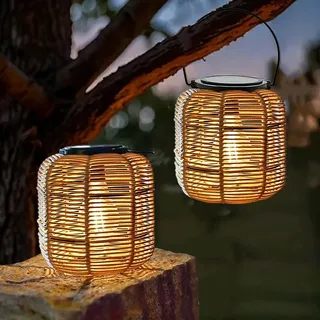 SKIKHN Solarlampen für Außen Hängend, 2 Stück Rattan Solar Laternen Für Draußen, IP44 Wasserdicht Solarlaterne für Außen, Genschenk für Frauen, Mama, Oma, Solarleuchten für Garten Patio Balkon Deko