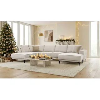 OTTO home Wohnlandschaft »XXL Sofa Oland, Struktur, Flachgewebe, Luxus-Microfaser, Boucle« U-Form, 345 cm, Wellenunterfederung, Skandi-Design, Metallfüße, braun