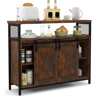 COSTWAY Buffetschrank mit Stauraum, Kaffeebarschrank im Farmhaus-Stil mit 3-stufig verstellbaren Regalen, Schiebetüren & offenen Fächern Braun - Braun