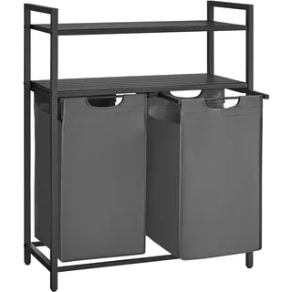 VASAGLE Wäschekorb, 2 Fächern, 2 abnehmbaren Taschen aus Oxford-Stoff, 2 Regale, Rahmen aus Metall, 46 l mit Ablagen schwarz-grau